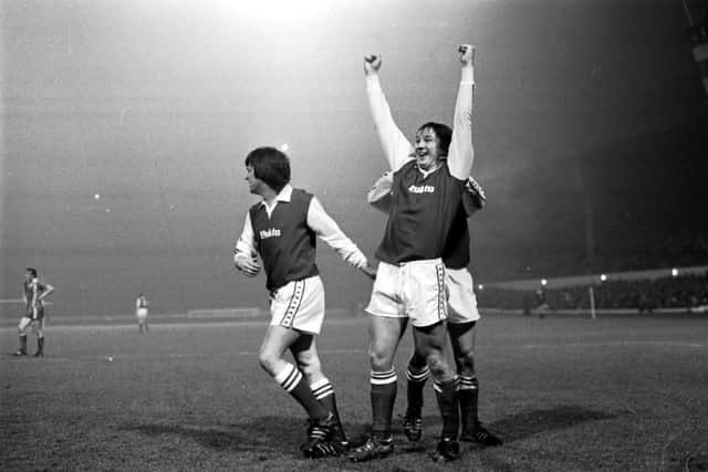Rae's familiar celebration during the 1979 Scottish Cup semi-final vistory over Aberdeen at Hampden.