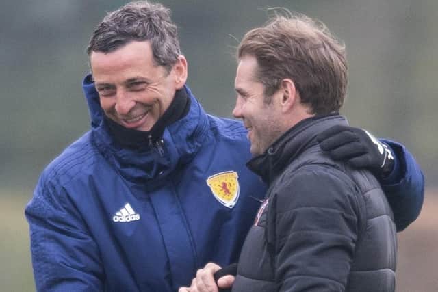 Jack Ross and Robbie Neilson sahre a laugh at the Oriam.  (Photo by Mark Scates / SNS Group)