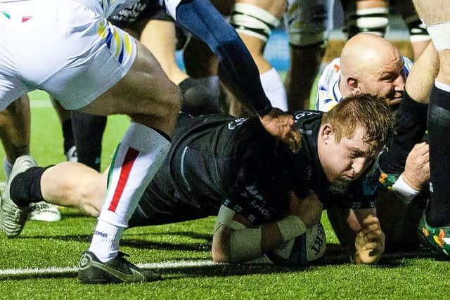 Glasgow Warriors' Johnny Matthews scores his third try during the 50-8 win over Zebre.