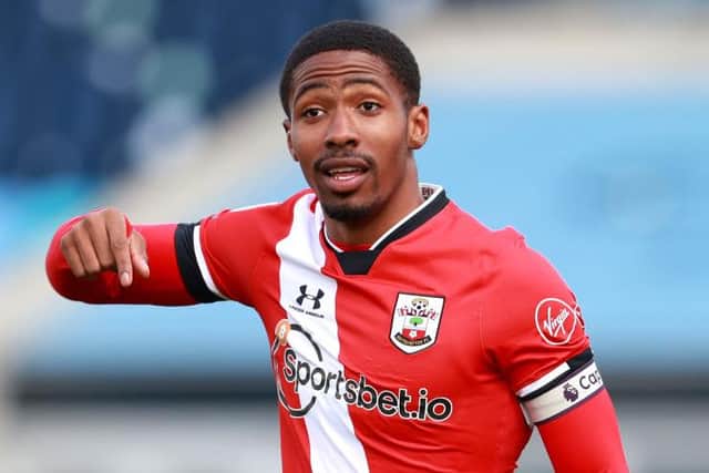 Kayne Ramsay of Southampton gestures during the Premier League 2 match between Manchester City U23 and Southampton U23. (Photo by James Gill - Danehouse/Getty Images)