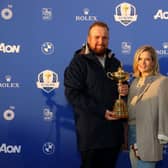 Shane Lowry and wife Wendy with the Ryder Cup before departing for Whistling Straits. Picture: Andrew Redington/Getty Images.