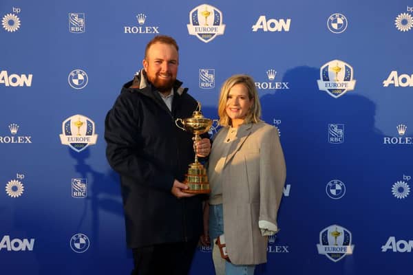 Shane Lowry and wife Wendy with the Ryder Cup before departing for Whistling Straits. Picture: Andrew Redington/Getty Images.