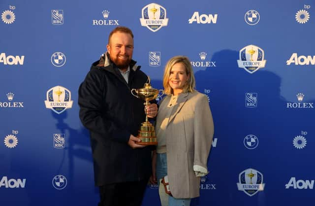 Shane Lowry and wife Wendy with the Ryder Cup before departing for Whistling Straits. Picture: Andrew Redington/Getty Images.