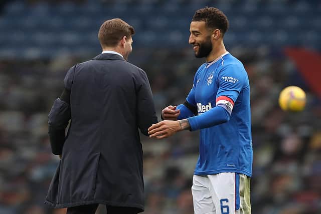 Rangers manager Steven Gerrard greets Connor Goldson, who has played in all 51 matches played by the Ibrox club so far this season, at the end of the Scottish Cup win over Celtic. (Photo by Ian MacNicol/Getty Images)