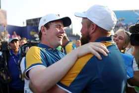 Bob MacIntyre and Shane Lowry celebrate Europe's victory in last year's Ryder Cup at Marco Simone Golf Club in Rome. Picture: Naomi Baker/Getty Images.