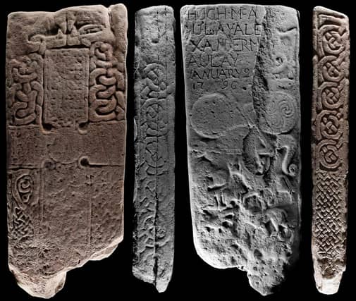 The four faces of the Conon Stone. The Cross face surmounted by Pictish beasts can now be seen through the window of Dingwall Museum. PIC: NOSAS.