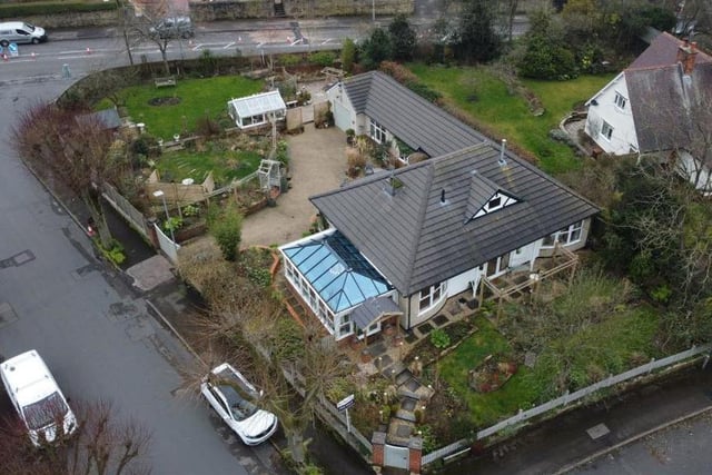 This brilliant aerial view shows perfectly the plot of land the bungalow sits on.