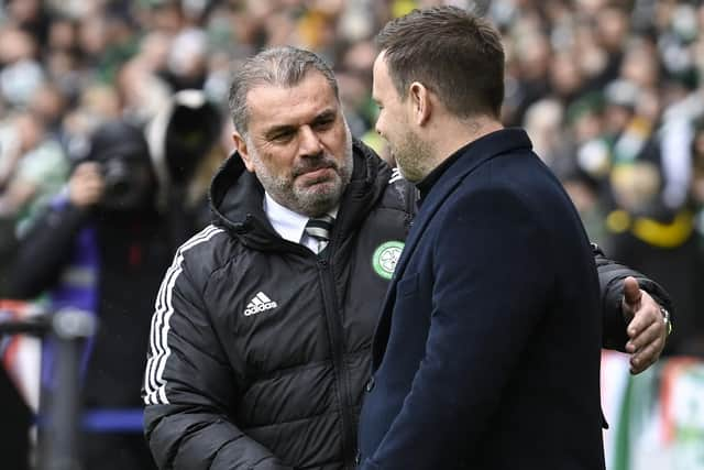 Celtic manager Ange Postecoglou and Rangers counterpart Michael Beale shake hands during the Scottish Cup semi-final at Hampden. (Photo by Rob Casey / SNS Group)