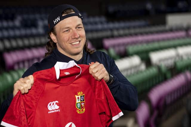 Hamish Watson familiarises himself with the Lions jersey. Picture: Craig Williamson/SNS