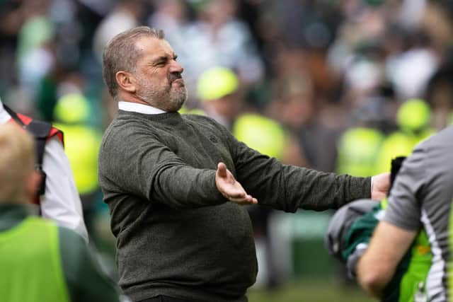 Celtic manager Ange Postecoglou larges it with the club's support following his team's flailing of Rangers.  (Photo by Craig Williamson / SNS Group)