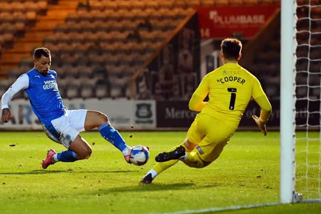 Jonson Clarke-Harris scoring for Peterborough United against Plymouth Argyle. Picture: Getty