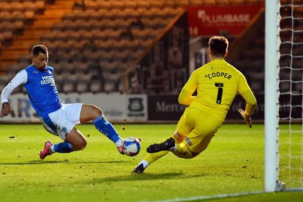 Jonson Clarke-Harris scoring for Peterborough United against Plymouth Argyle. Picture: Getty
