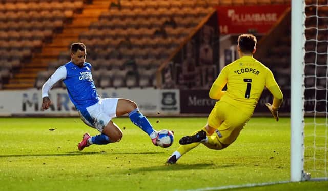 Jonson Clarke-Harris scoring for Peterborough United against Plymouth Argyle. Picture: Getty