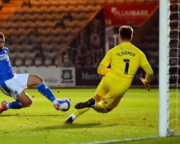 Jonson Clarke-Harris scoring for Peterborough United against Plymouth Argyle. Picture: Getty