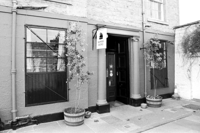 Exterior of legendary seafood restaurant Skippers bistro in Dock Place, Leith, September 1992.
