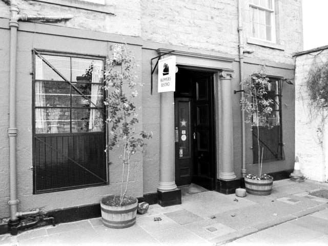 Exterior of legendary seafood restaurant Skippers bistro in Dock Place, Leith, September 1992.