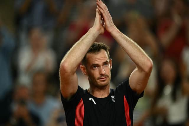 Andy Murray applauds the fans after bringing down the curtain on his career last momth in the Olympic Games in Paris. Picture: Carl De Souza/AFP via Getty Images.