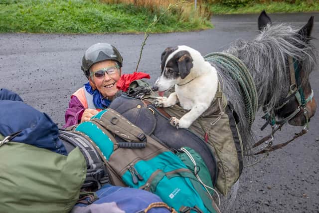Eighty-year-old Jane Dotchin who travels from Hexham to the Scottish Highlands with her horse Diamond and Dinky her disabled Jack Russell. Photo: Katielee Arrowsmith/SWNS