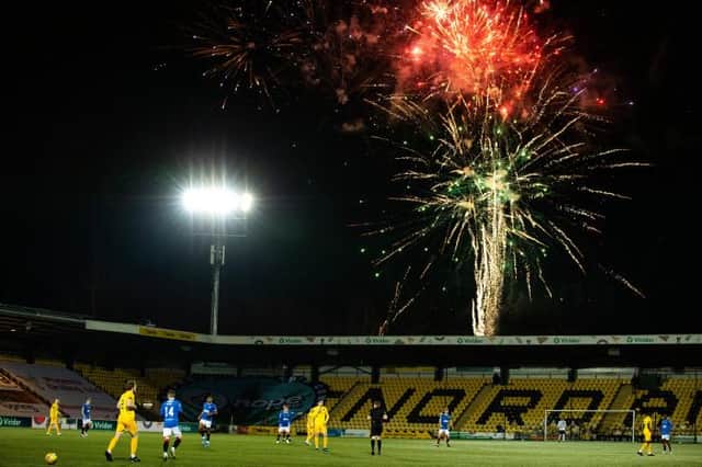 Fireworks were set off outside the Tony Macaroni Arena in the 55th minute of Rangers' 1-0 win over Livingston. (Photo by Alan Harvey / SNS Group)