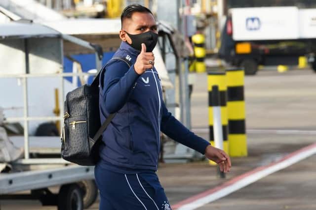 Alfredo Morelos in upbeat mood as Rangers leave Glasgow Airport for their Europa League Group D match against Benfica in Lisbon. (Photo by Alan Harvey / SNS Group)