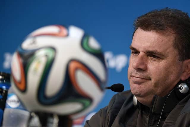 Australia's coach Ange Postecoglou speaks at a press conference after the team's final training run in Cuiaba, Brazil, on June 12, 2014. Ahead of Australia taking on Chile in their first match. (WILLIAM WEST/AFP via Getty Images)