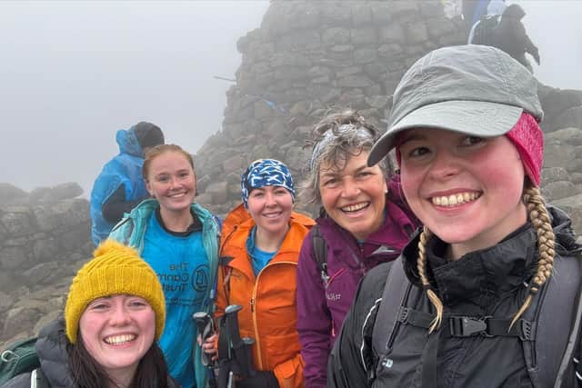 Eleanor West, Nikki Hamilton, Amanda Cooke, Isobel Gibson and Iona Scott on the Ben Nevis challenge in aid of The Canmore Trust. Photo Clyde Vet Group