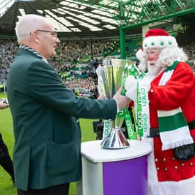 Santa returns to Celtic Park to deliver the cinch Premiership trophy after the win against St Mirren.