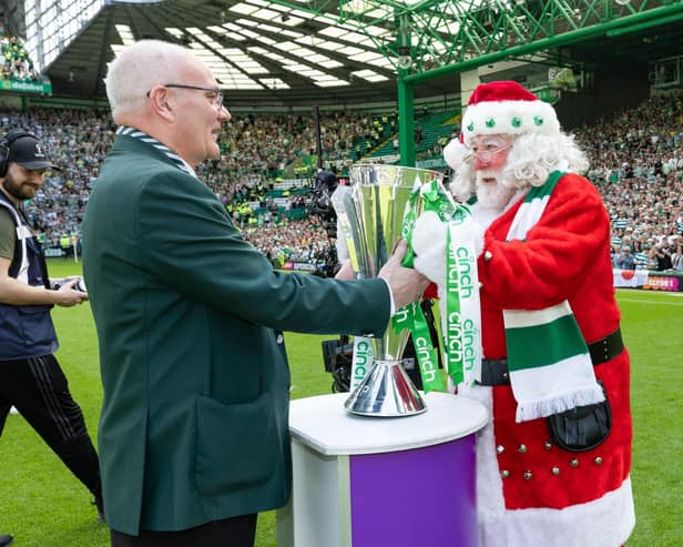 Santa returns to Celtic Park to deliver the cinch Premiership trophy after the win against St Mirren.