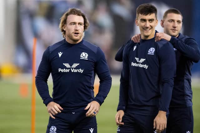 Stuart Hogg, Cameron Redpath and Finn Russell during a Scotland training session. (Photo by Mark Scates / SNS Group)