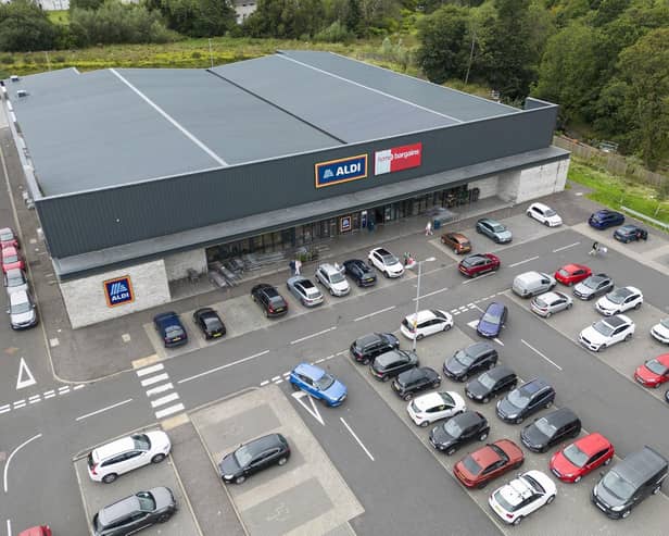 The site consists of two retail warehousing units, which are let on long-term leases to Aldi and Home Bargains, alongside a drive-thru coffee shop unit. Picture: McAteer Photograph
