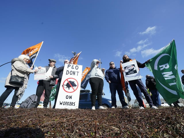 Protesters outside the Port of Hull, East Yorkshire, after P&O Ferries suspended sailings and handed 800 seafarers immediate severance notices.