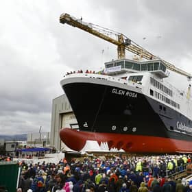 Glen Rosa being launched at the Ferguson Marine yard