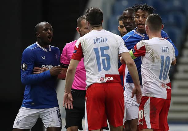 Rangers midfielder Glen Kamara reacts furiously after being racially abused by Slavia Prague defender Ondrej Kudela during the Europa League last 16 match at Ibrox in March 2021. (Photo by Ian MacNicol/Getty Images)