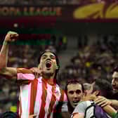 Colombian striker Radamel Falcao celebrates winning the Europa League Final with Atletico Madrid in Bucharest in 2012. (Photo by Pierre-Philippe Marcou/AFP/GettyImages)