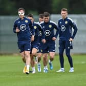 Callum McGregor, left, during a Scotland squad training session at Carton House in Maynooth, Kildare on Monday prior to the squad's departure to Yerevan for Tuesday's UEFA Nations League match against Armenia. (Photo by Piaras Ó Mídheach/Sportsfile for the Scottish Football Association)