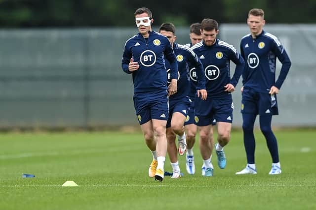Callum McGregor, left, during a Scotland squad training session at Carton House in Maynooth, Kildare on Monday prior to the squad's departure to Yerevan for Tuesday's UEFA Nations League match against Armenia. (Photo by Piaras Ó Mídheach/Sportsfile for the Scottish Football Association)