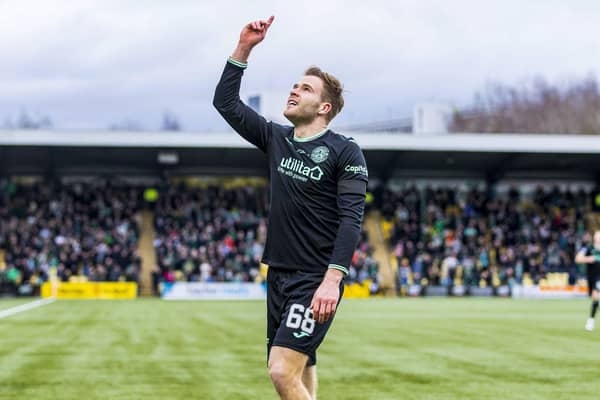 Chris Cadden points to the sky in tribute of Hibs owner Ron Gordon after netting in the 4-1 win over Livingston.