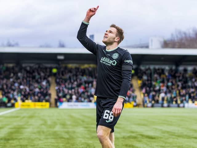 Chris Cadden points to the sky in tribute of Hibs owner Ron Gordon after netting in the 4-1 win over Livingston.