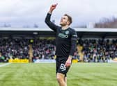 Chris Cadden points to the sky in tribute of Hibs owner Ron Gordon after netting in the 4-1 win over Livingston.