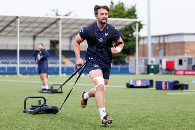 Edinburgh Rugby's Ben Muncaster puts in the hard yards during a training session at Hive Stadium ahead of the Gloucester pre-season match. (Photo by Ross Parker / SNS Group)