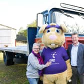 Clancy with an ERF LV Series vintage trailer courtesy of M and L Bonner with Heather Morrison MBE from the Rotary Club of Banchory-Ternan & Mike Wilson from Friends of Clan Deeside.