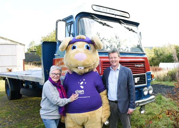 Clancy with an ERF LV Series vintage trailer courtesy of M and L Bonner with Heather Morrison MBE from the Rotary Club of Banchory-Ternan & Mike Wilson from Friends of Clan Deeside.