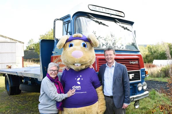 Clancy with an ERF LV Series vintage trailer courtesy of M and L Bonner with Heather Morrison MBE from the Rotary Club of Banchory-Ternan & Mike Wilson from Friends of Clan Deeside.