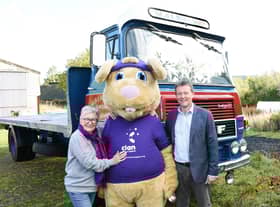 Clancy with an ERF LV Series vintage trailer courtesy of M and L Bonner with Heather Morrison MBE from the Rotary Club of Banchory-Ternan & Mike Wilson from Friends of Clan Deeside.