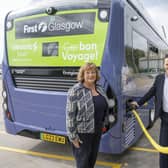 First Bus Scotland managing director Duncan Cameron with transport minister Fiona Hyslop at its Scotstoun depot in Glasgow in July. (Photo by First Bus)