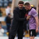 Rangers boss Steven Gerrard gives words of encouragement to John Lundstram at full-time after his side's win over Dundee. Picture: SNS