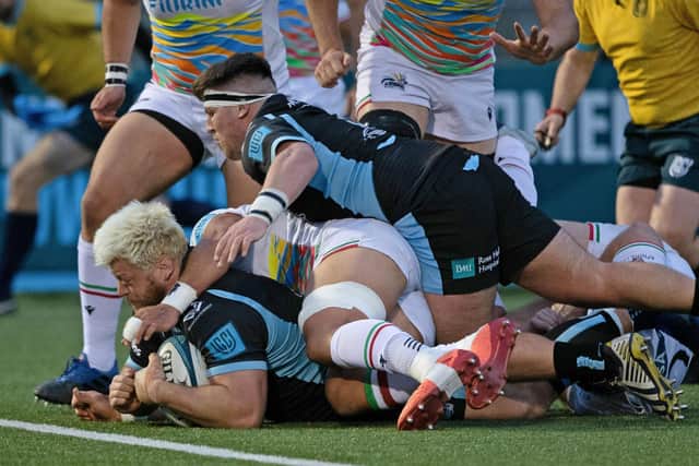 Oli Kebble scores a try during Glasgow Warriors' win over Zebre at Scotstoun on Friday. (Photo by Craig Williamson / SNS Group)