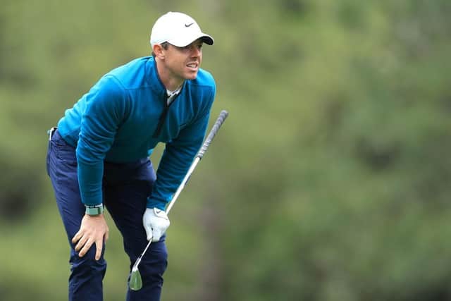 Rory McIlroy follows his shot on the fifth hole during the third round of the Masters at Augusta National Golf Club. Picture: David Cannon/Getty Images.