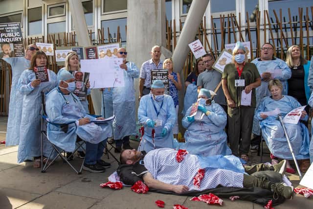 Disgraced surgeon Sam Eljamel's patients and fellow campaigners staged a protest outside the Scottish Parliament in August calling for a Public Inquiry, which has now been granted (Picture: Lisa Ferguson)