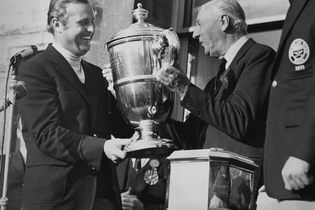 Sir Michael Bonallack OBE, then playing captain, is presented with the Walker Cup after Great Britain and Ireland's success at St Andrews in 1971.Picture: Cowper/Central Press/Hulton Archive/Getty Images.